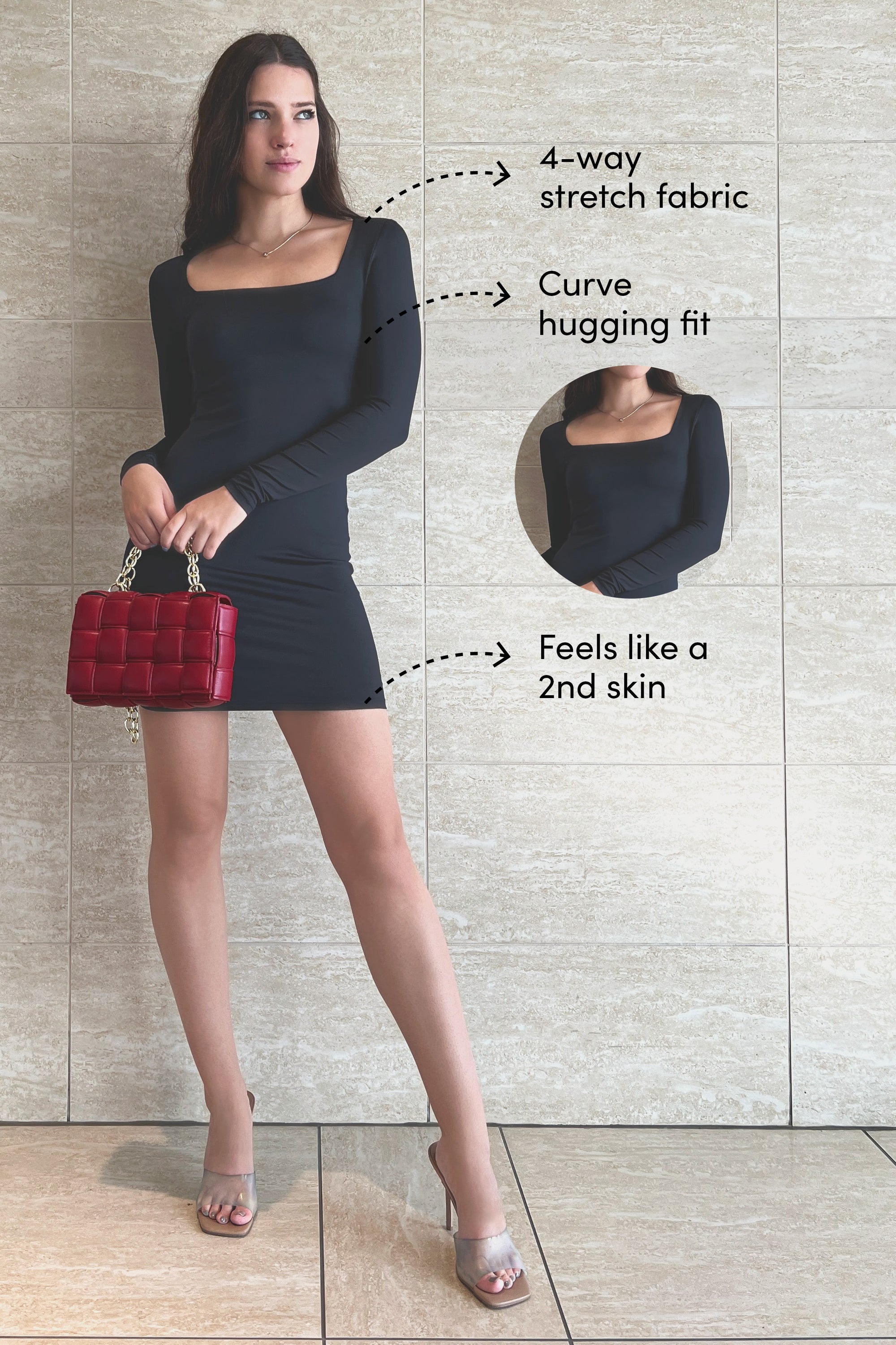 Square Neck Long Sleeve Mini Dress - Second Skin - Black
