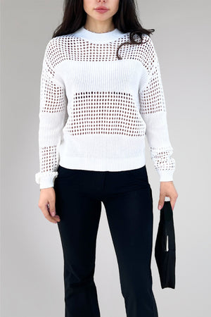 Crew Neck Long Sleeve Sweater - Crochet Detailing - White