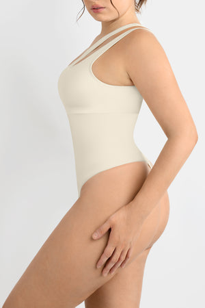 Asymmetrical Thong Bodysuit - Shapewear - White