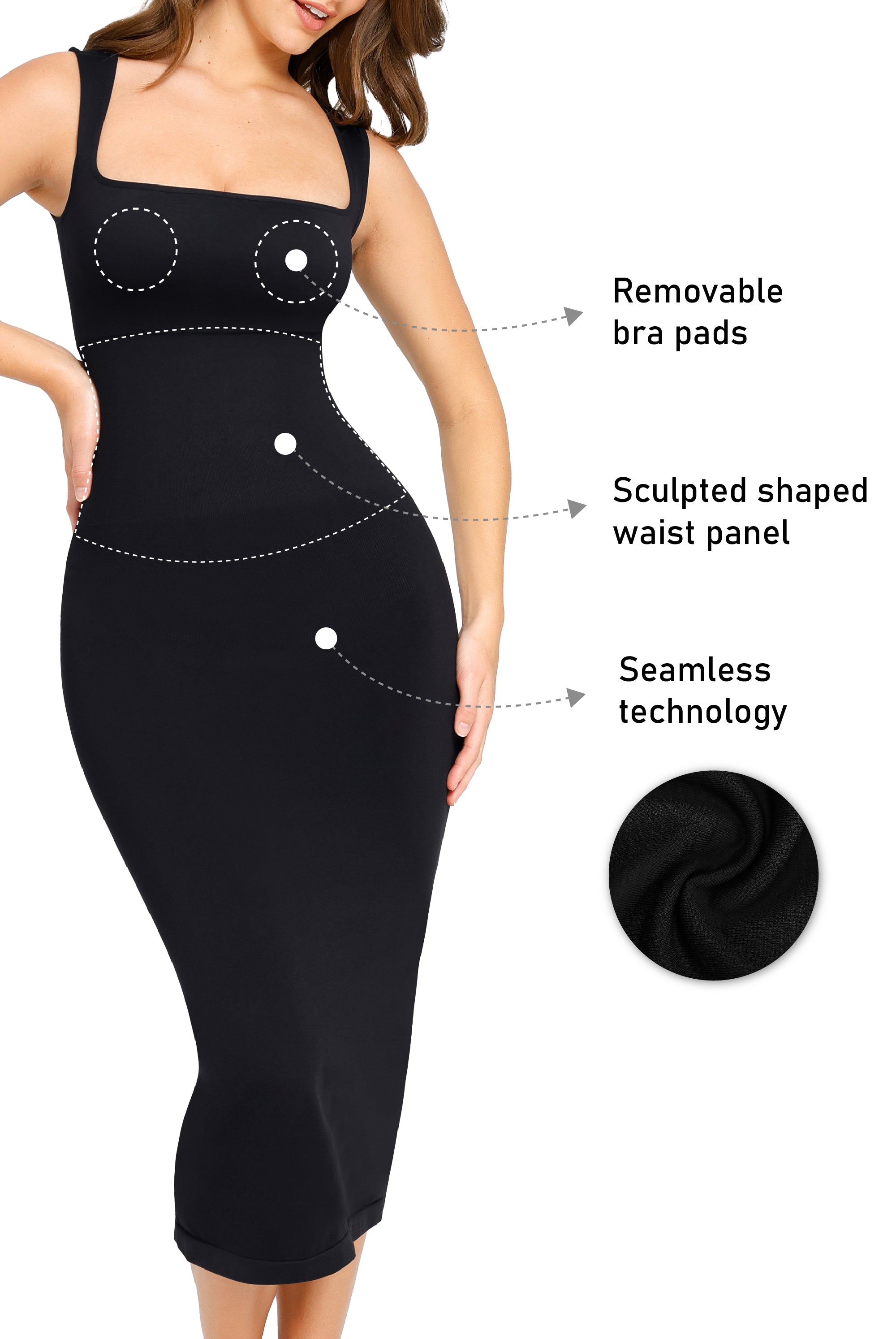 Square Neck Sleeveless Dress - Seamless Shaping - Black