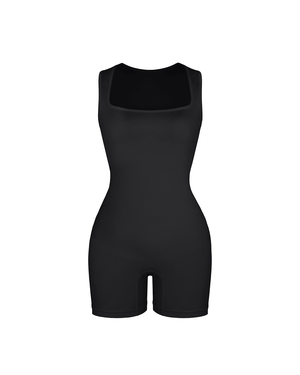 Square Neck Short Jumpsuit - Seamless Shaping - Black
