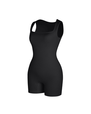 Square Neck Short Jumpsuit - Seamless Shaping - Black
