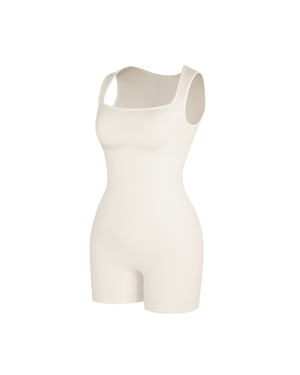 Square Neck Short Jumpsuit - Seamless Shaping - White