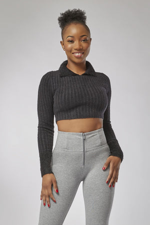 Ribbed Top - Crop Fuzzy Knit - Black
