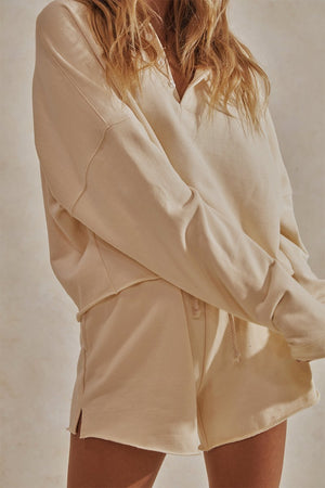 Chill Fleece Set - Long Sleeve Sweater + Shorts - Cream