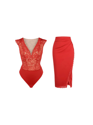 Sculpted Lace Shapewear Bodysuit - Red