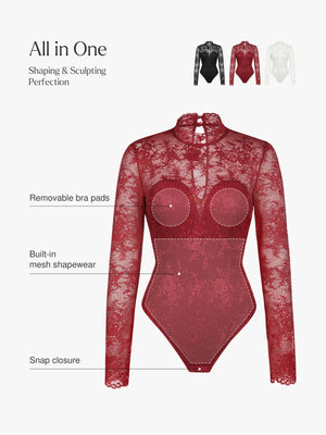 Mock Neck Floral Lace Shaping Bodysuit - Wine