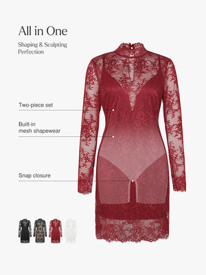 2 in 1 Mock Floral Lace Sculpting Dress - Wine