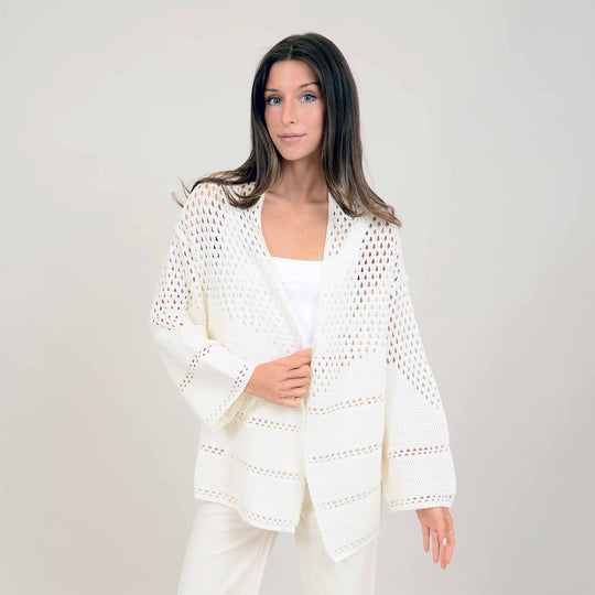 Long Sleeve V-Neck Sweater - Crochet Detailing - White