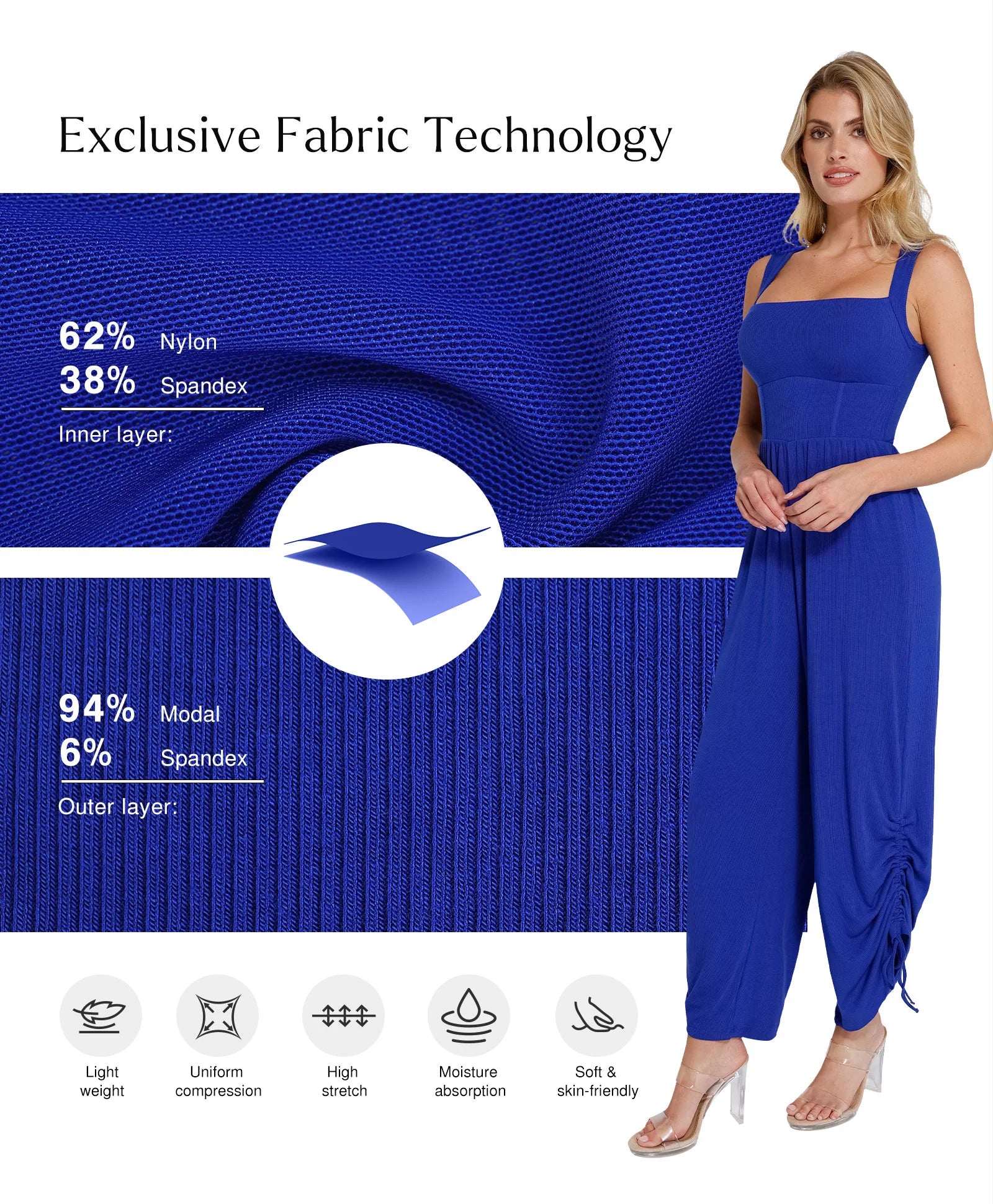 Built-In Shapewear Square Neck Wide-Leg Jumpsuit - Royal Blue