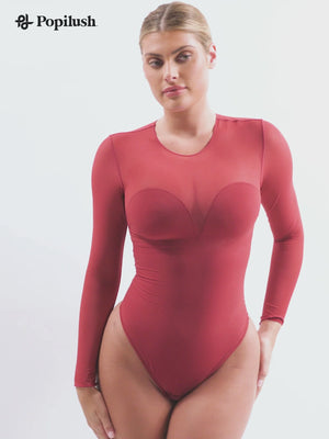 Mesh Long Sleeve Shaping Bodysuit - Wine