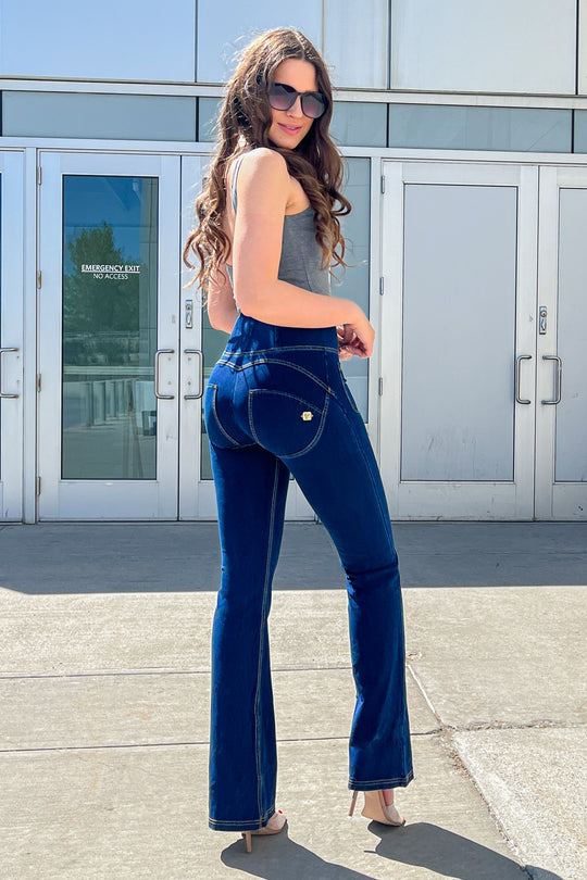 WR.UP® Denim - High Rise Full Length Wide Leg - Dark Rinse + Yellow Stitching