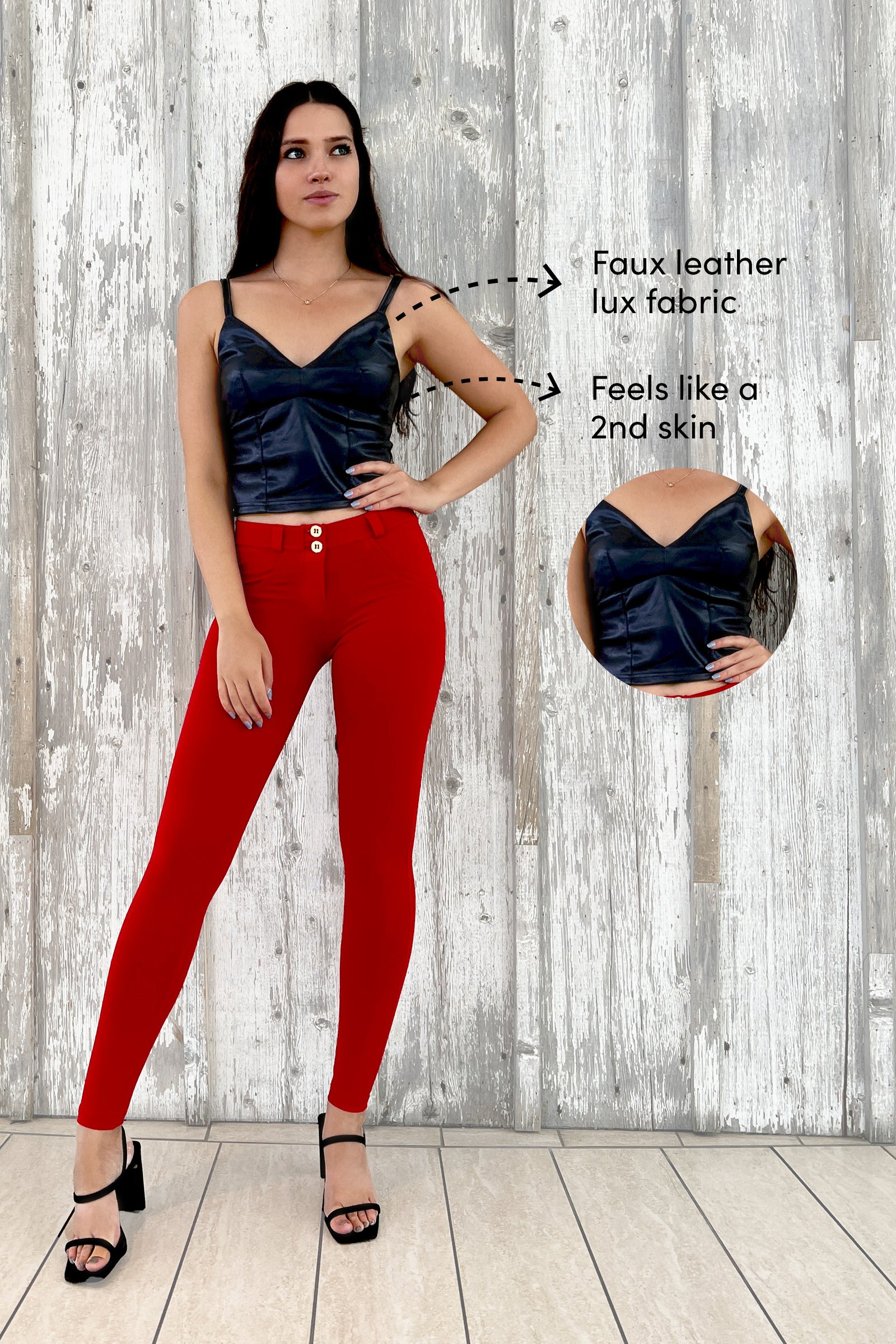 Vegan Leather V-Neck Tank Top - Second Skin - Black