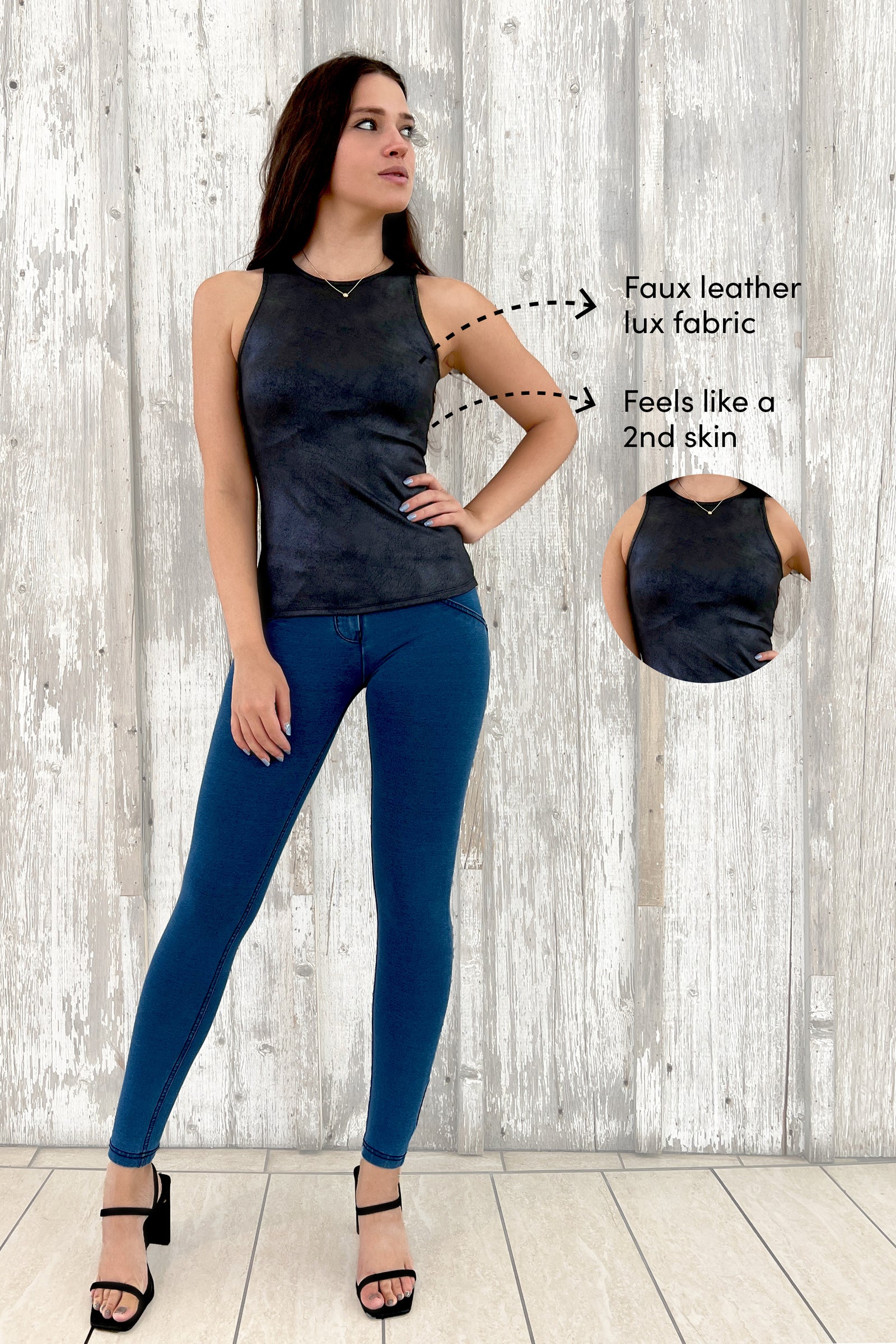 Vegan Leather Racer Tank Top - Second Skin - Black