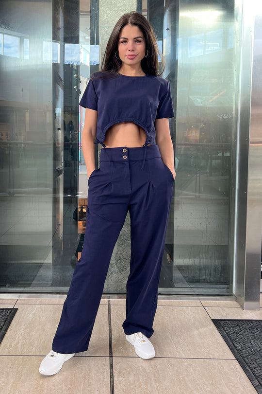 Cotton Jersey Ladies Set - Crop Top + Pants - Navy