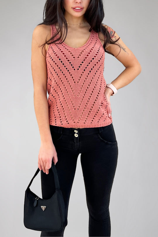 V-Neck Tank Top - Crochet Detailing - Salmon Pink