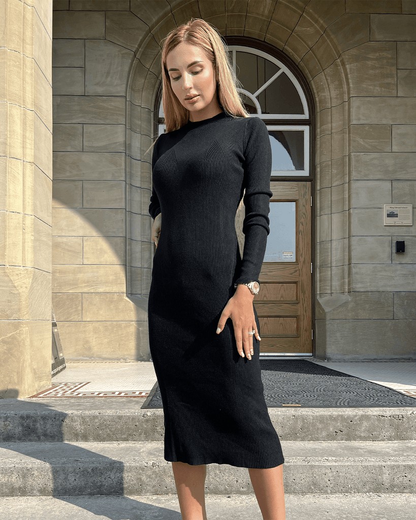 Long Sleeve Sweater Dress Midi Dress Black LIVIFY