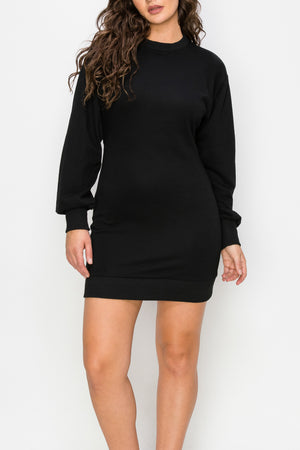 Long Sleeve Sweatshirt Dress - Cotton Fleece - Black