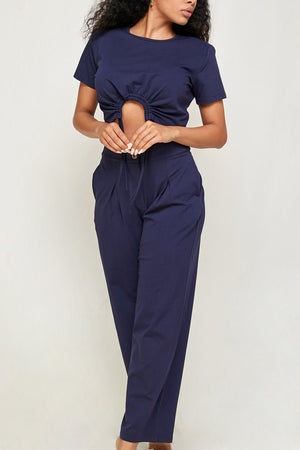 Cotton Jersey Ladies Set - Crop Top + Pants - Navy