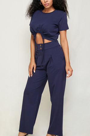 Cotton Jersey Ladies Set - Crop Top + Pants - Navy