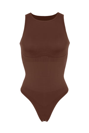 High Neck Thong Bodysuit - Shapewear - Brown