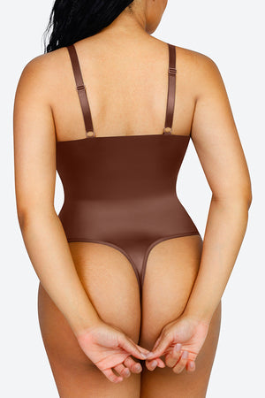 V-Neck Sculpting Satin - Thong Bodysuit - Brown