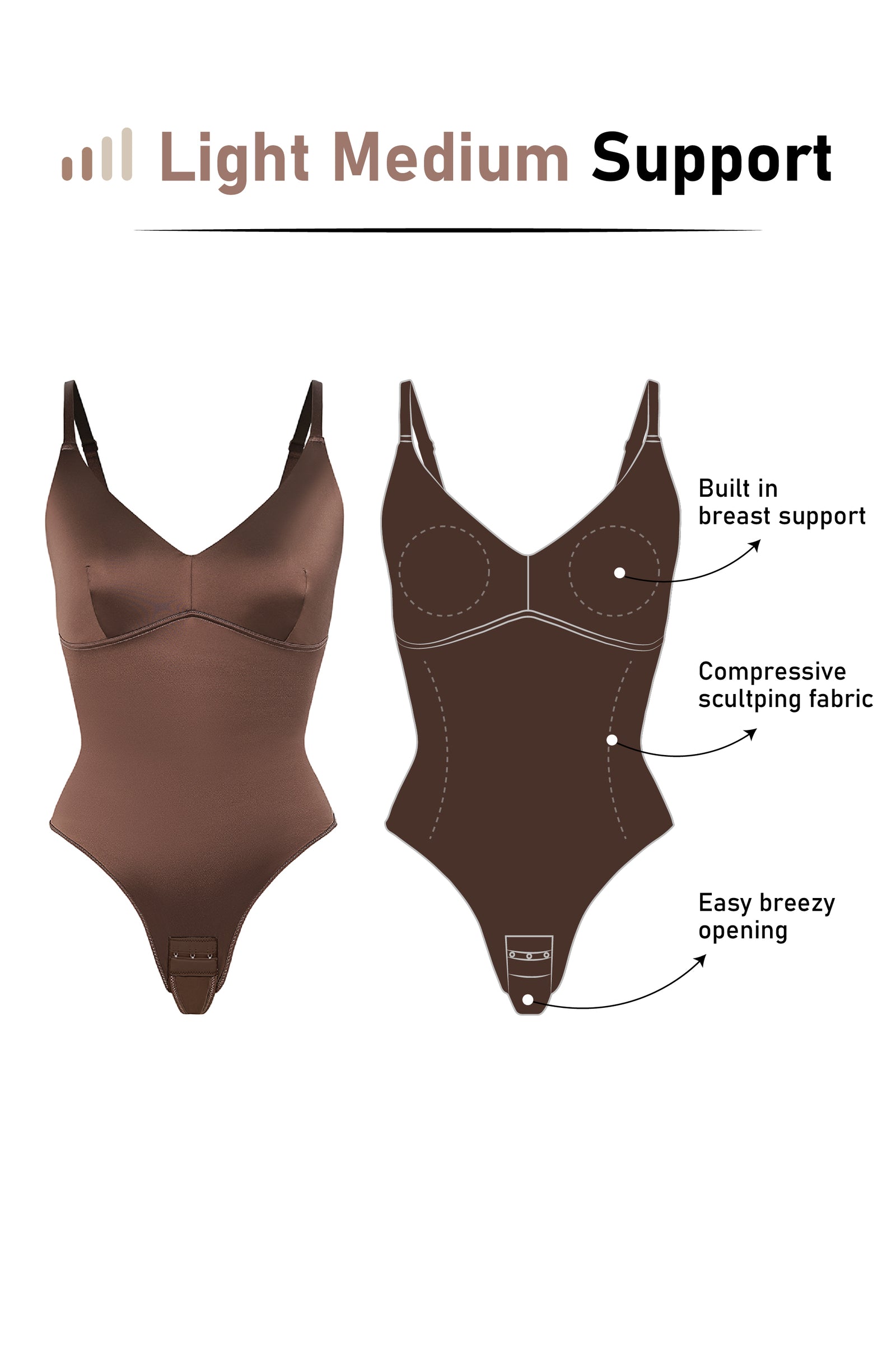 V-Neck Sculpting Satin - Thong Bodysuit - Brown