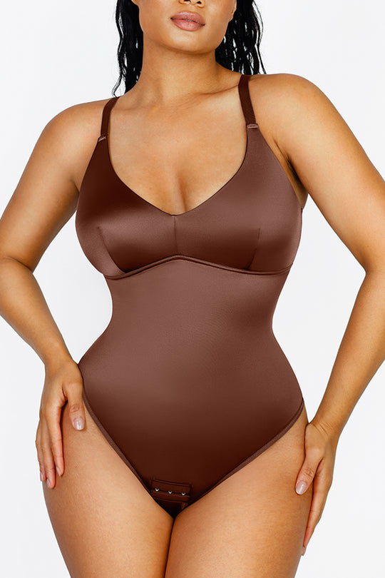 V-Neck Sculpting Satin - Thong Bodysuit - Brown