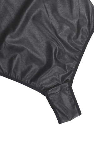 Square Neck Bodysuit - Sculpting Faux Leather - Black