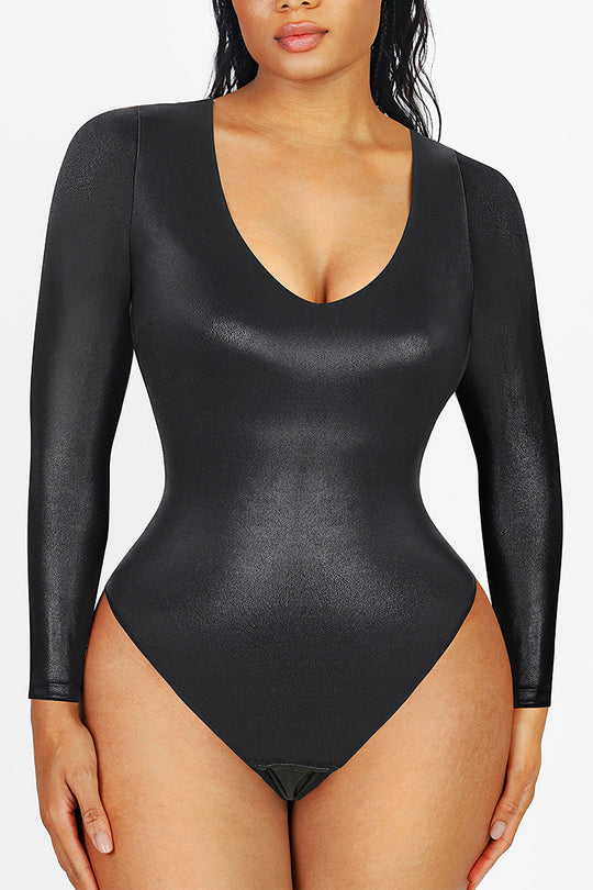 Scoop Neck Long Sleeve Bodysuit - Sculpting Faux Leather - Black