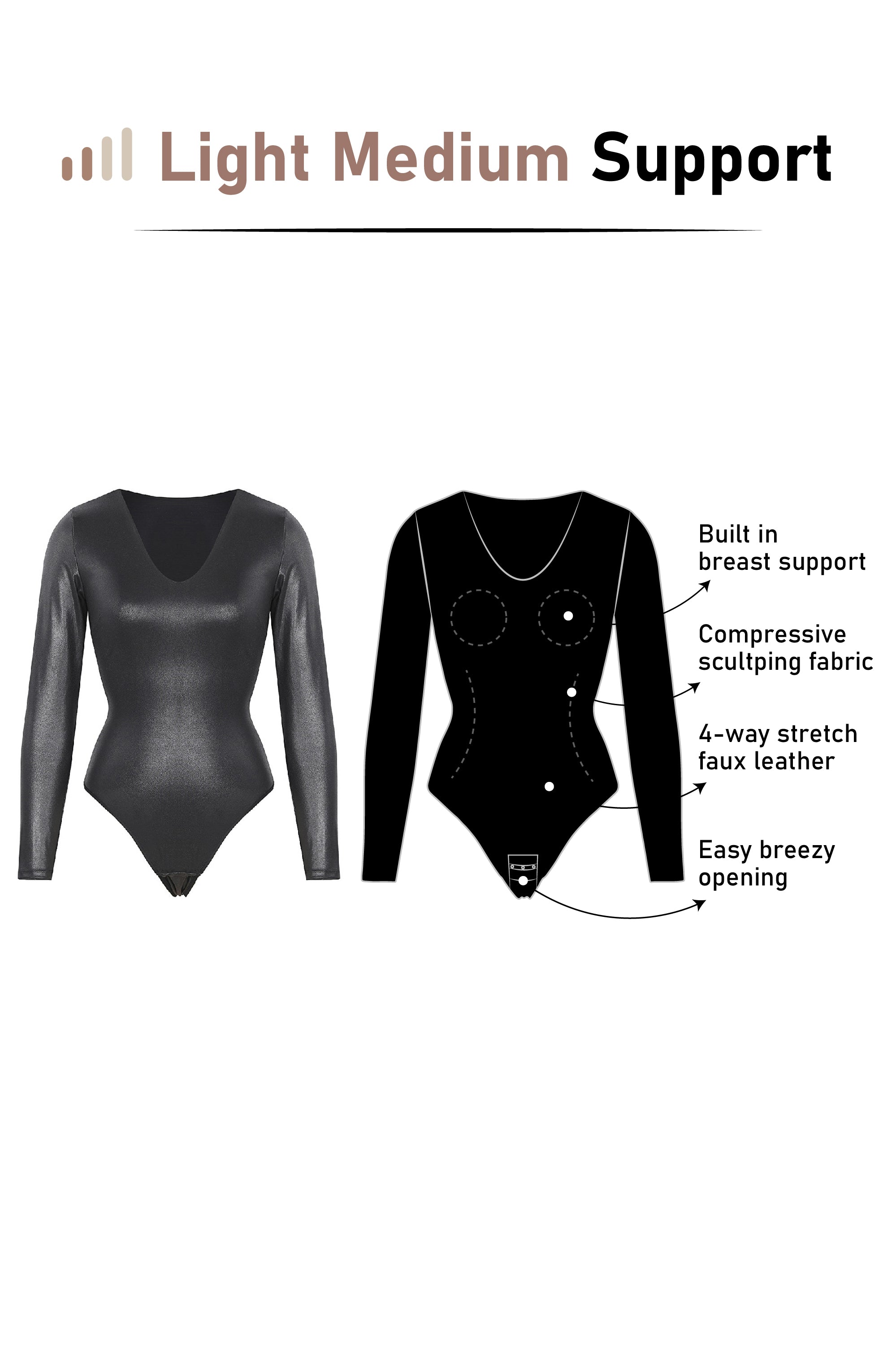Scoop Neck Long Sleeve Bodysuit - Sculpting Faux Leather - Black - LIVIFY