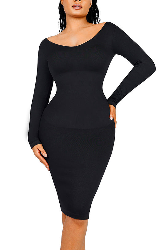 V-Neck Long Sleeve Dress - Seamless Shaping - Black