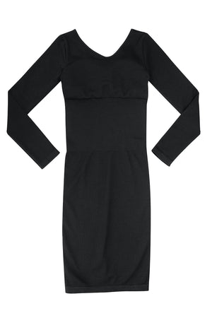 V-Neck Long Sleeve Dress - Seamless Shaping - Black