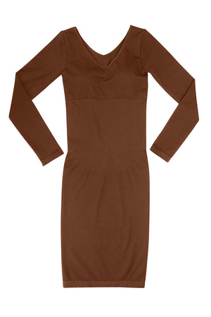 V-Neck Long Sleeve Dress - Seamless Shaping - Brown
