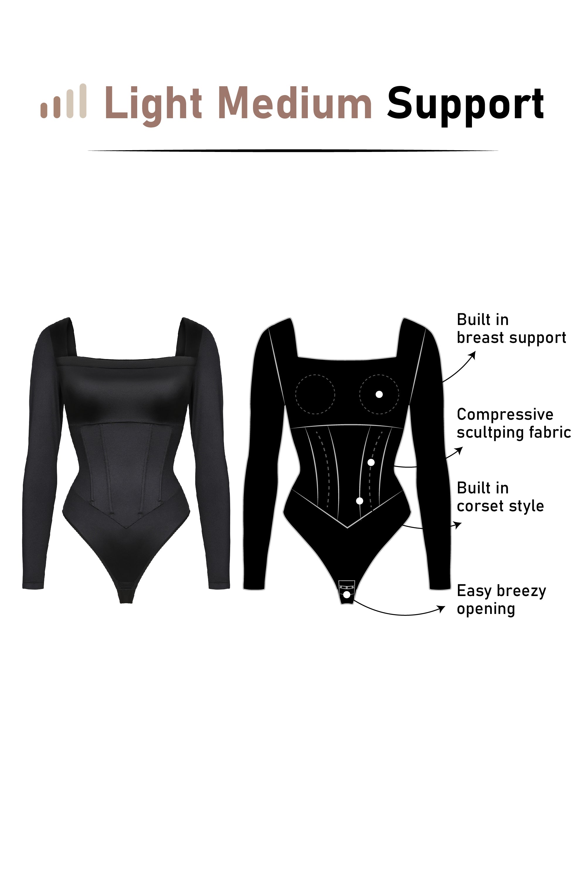 Corset Long Sleeve Thong Bodysuit - Shapewear - Black - LIVIFY