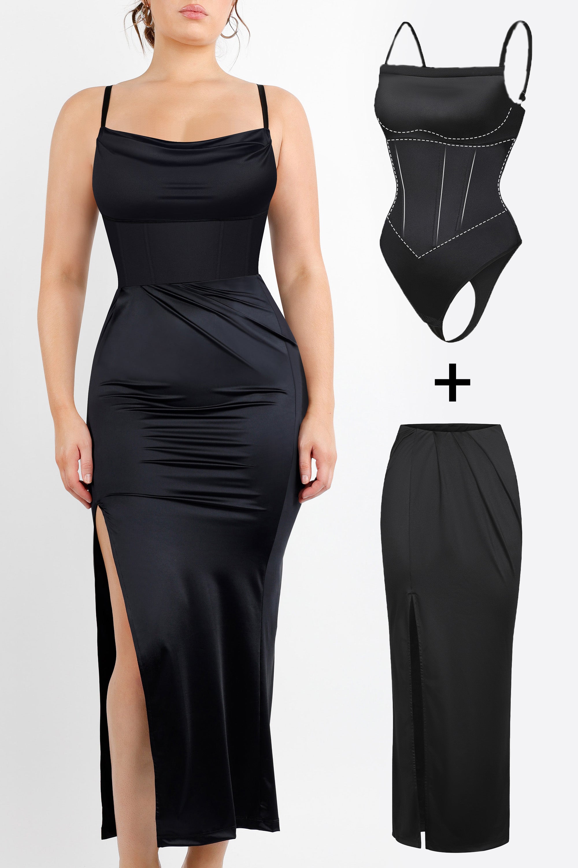 Two In One Bodysuit + Skirt - Seamless Shaping - Black