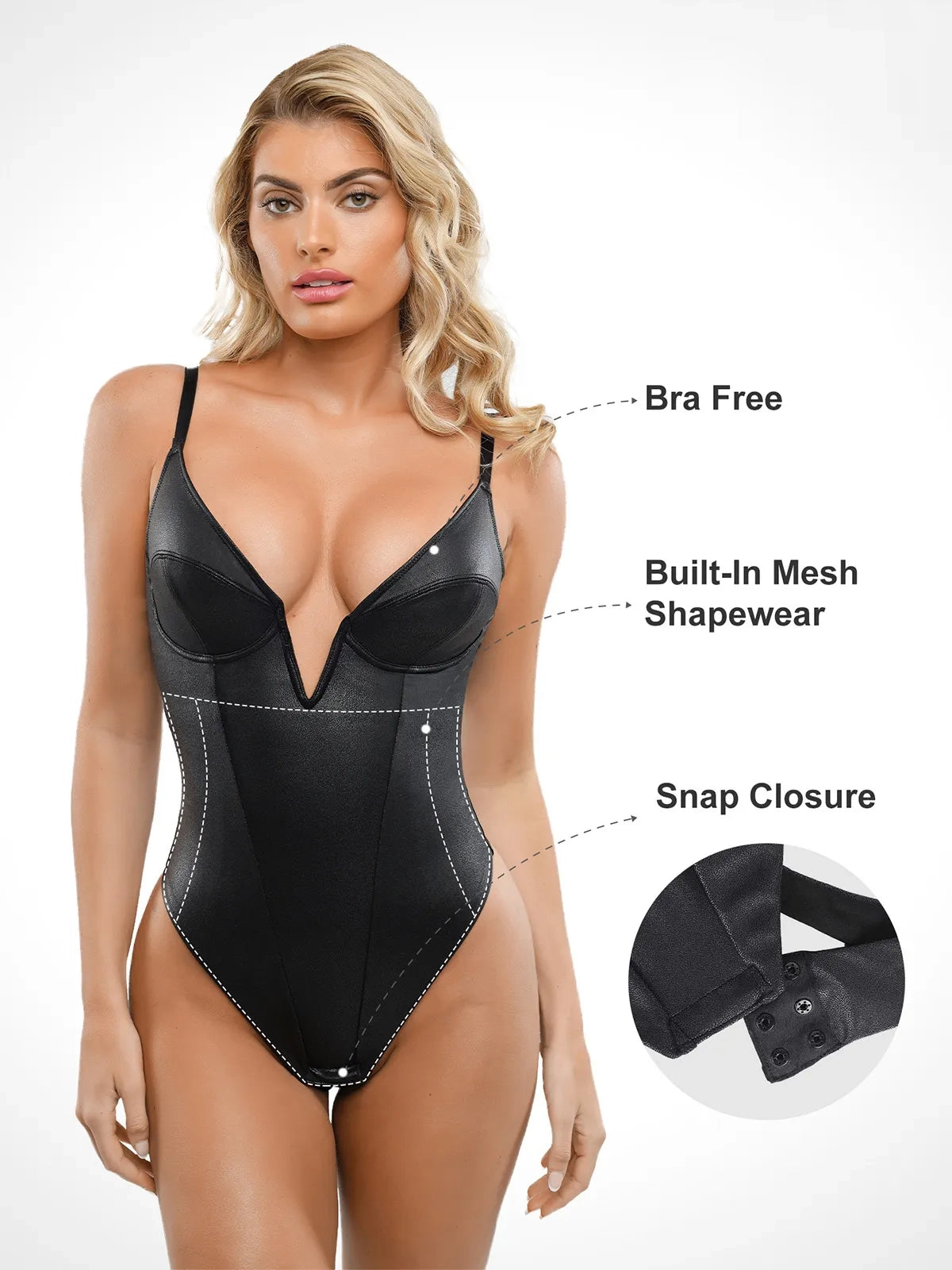 Shapewear Faux Leather Plunging V Sculpting Corset Bodysuit - Black