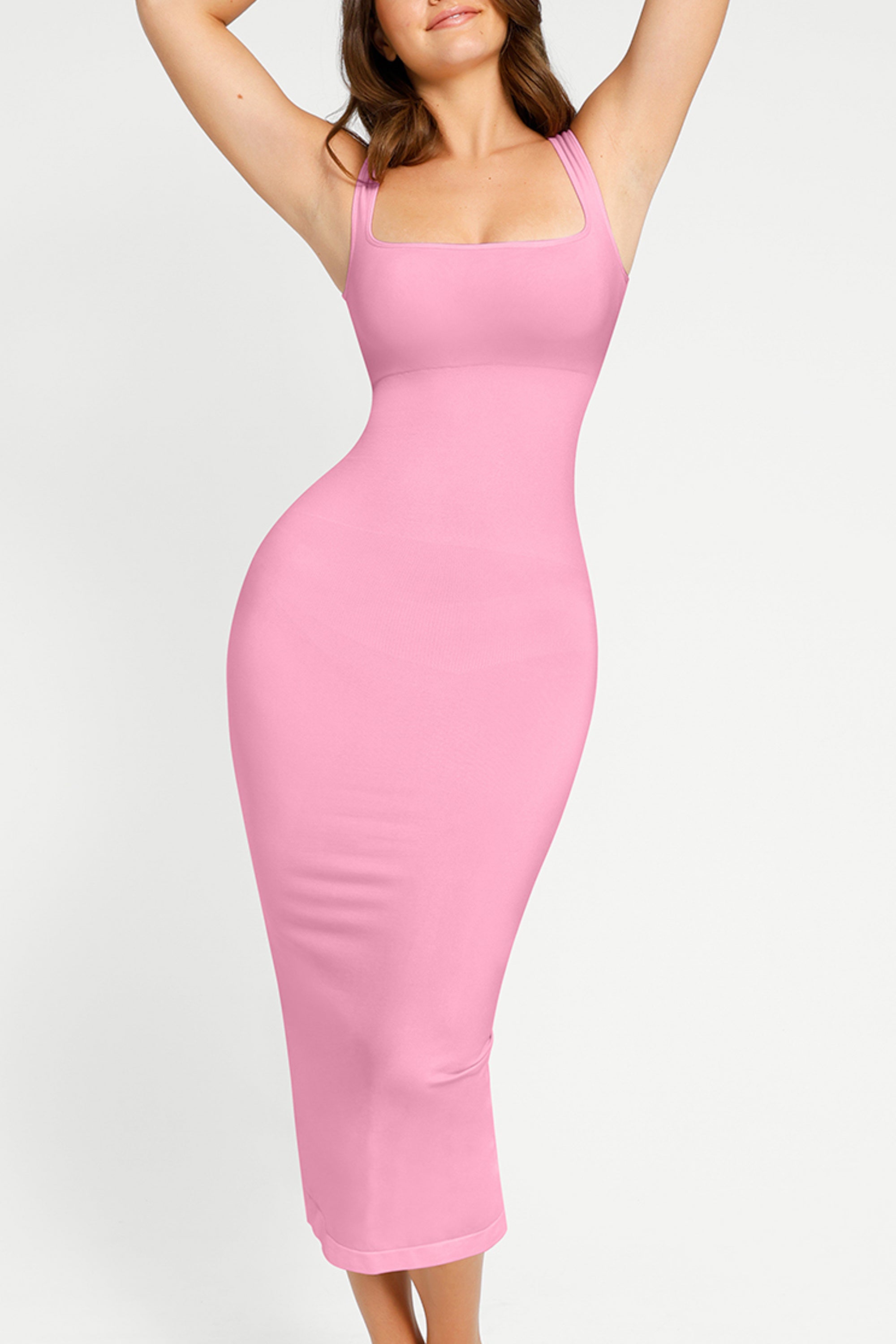 Square Neck Sleeveless Dress - Seamless Shaping - Pink - LIVIFY