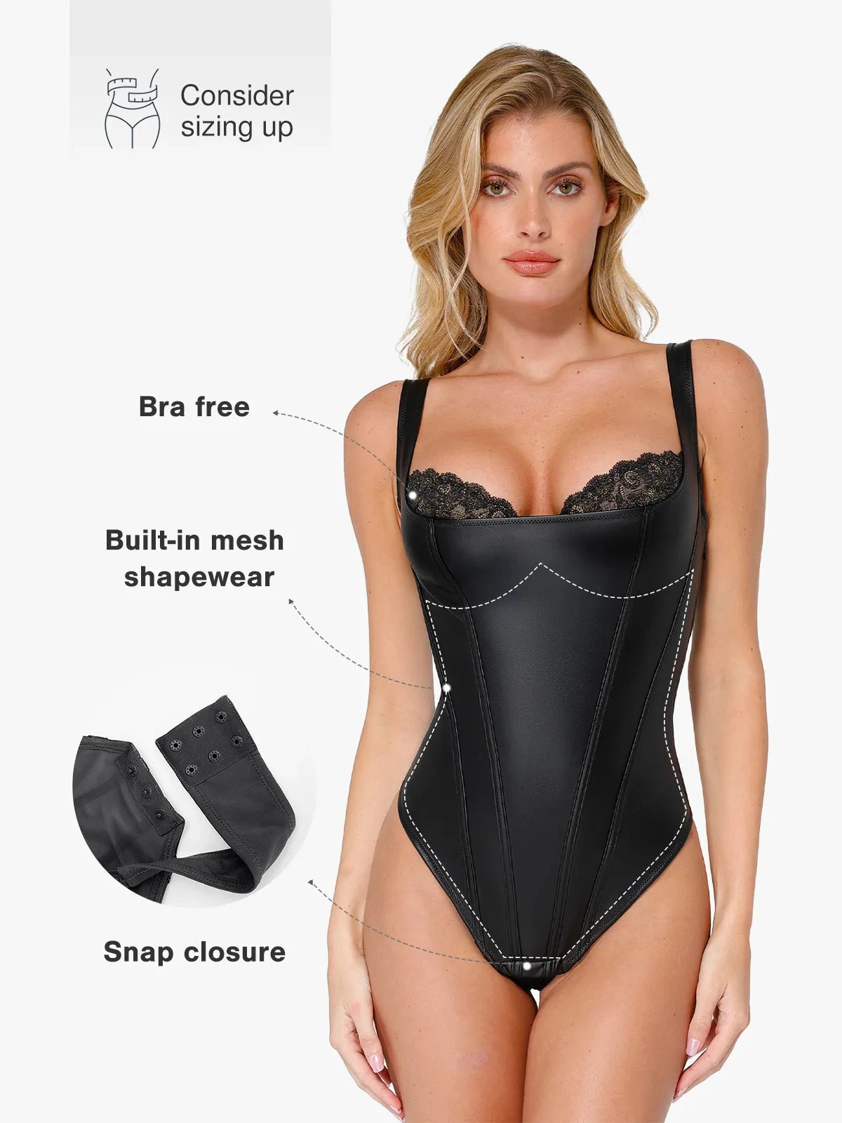 Shapewear Faux Leather Lace Balconette Sculpting Bodysuit - Black