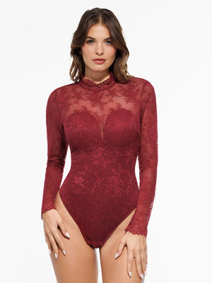 Mock Neck Floral Lace Shaping Bodysuit - Wine