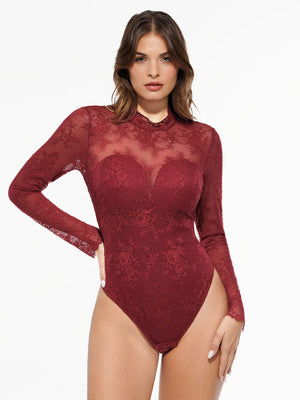 Mock Neck Floral Lace Shaping Bodysuit - Wine