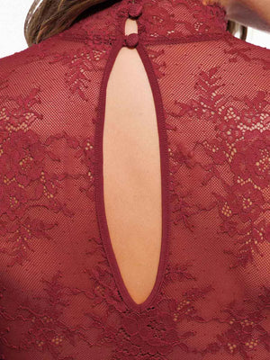 Mock Neck Floral Lace Shaping Bodysuit - Wine