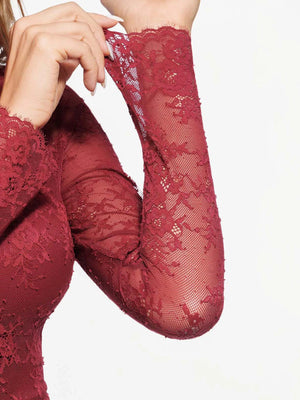 Mock Neck Floral Lace Shaping Bodysuit - Wine