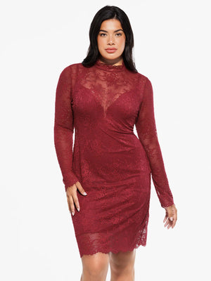 2 in 1 Mock Floral Lace Sculpting Dress - Wine