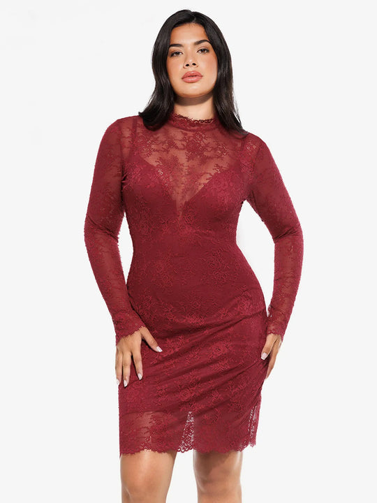 2 in 1 Mock Floral Lace Sculpting Dress - Wine