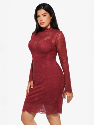 2 in 1 Mock Floral Lace Sculpting Dress - Wine