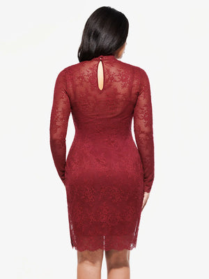 2 in 1 Mock Floral Lace Sculpting Dress - Wine