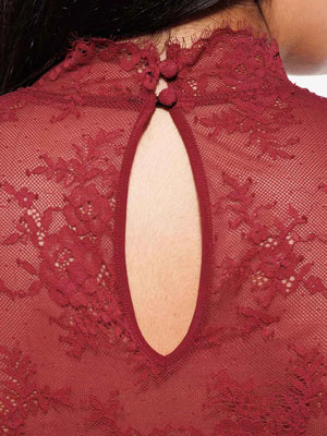 2 in 1 Mock Floral Lace Sculpting Dress - Wine