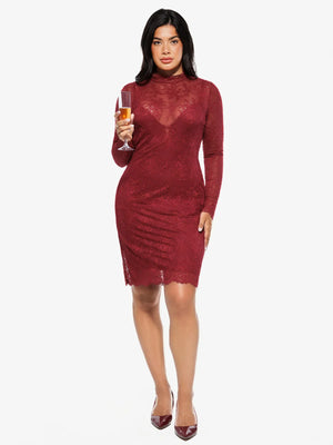 2 in 1 Mock Floral Lace Sculpting Dress - Wine