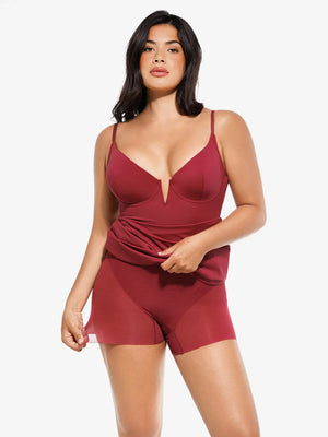 2 in 1 Mock Floral Lace Sculpting Dress - Wine